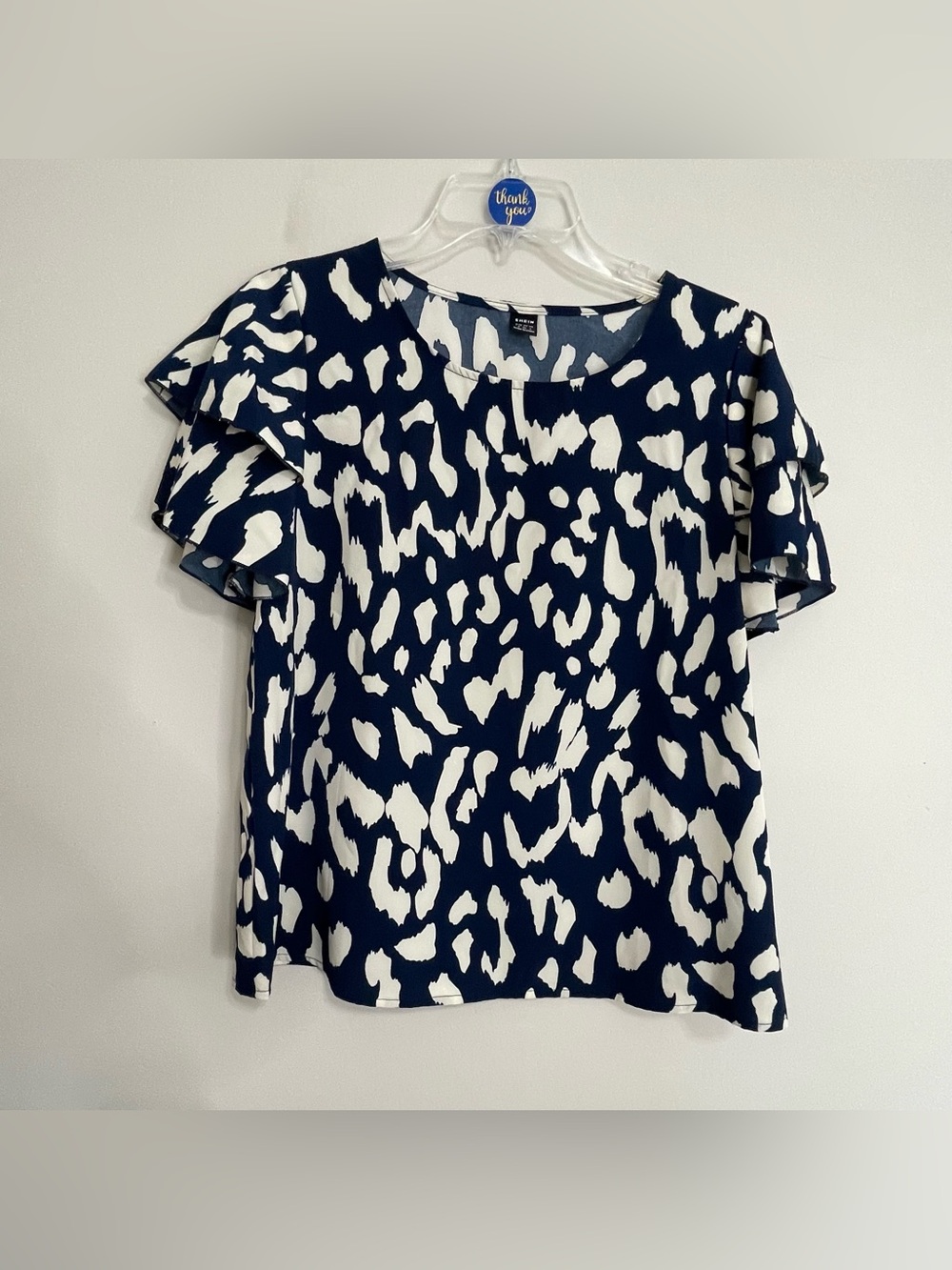 SHEIN Navy & Cream Animal-Print Ruffle Sleeve Blouse~ Size Small ~ Office
